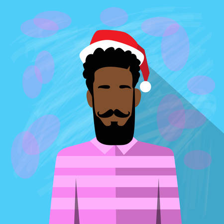 Profile Icon African American Ethnic Male New Year Christmas Holiday Red Santa Hat Avatar Portrait Casual Person Hipster Style Fashion Cartoon Guy Beard Silhouette Face Flat Vector Illustrationのイラスト素材