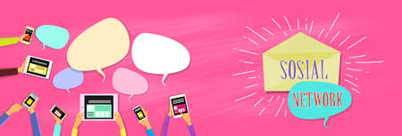 Social Media Network Communication Concept People Hands Chat Digital Device Tablet Phone Flat Banner Vector Illustrationのイラスト素材