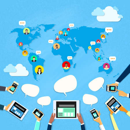 Social Media Communication World Map Concept Internet Network Connection People Flat Vector Illustrationのイラスト素材