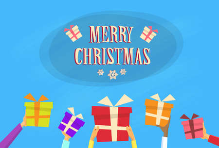 Gift Box Present Merry Christmas Happy New Year Banner Flat Vector Illustrationのイラスト素材
