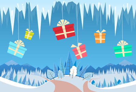 Winter Forest Landscape Christmas Background Gift Box Present Hang on Icicle, Pine Snow Trees Woods Vector Illustrationのイラスト素材