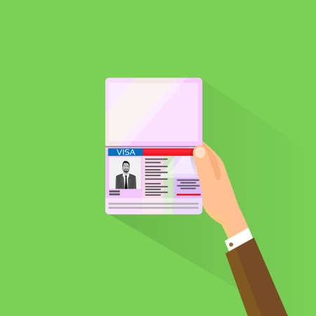 Visa Stamp Passport Flat Icon Businessman Hand Hold Travel Approved Document Vector Illustrationのイラスト素材