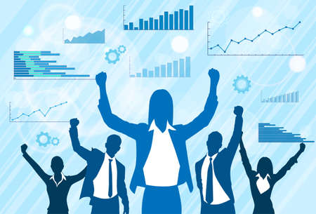 Business People Group Celebration Silhouette Excited Hold Hands Up Raised Arms, Businesswoman Concept Winner Success Finance Chart Background Vector Illustrationのイラスト素材