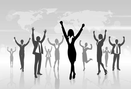 Business People Celebration Silhouette Hands Up, Businesswoman Concept Winner Success Vector Illustrationのイラスト素材