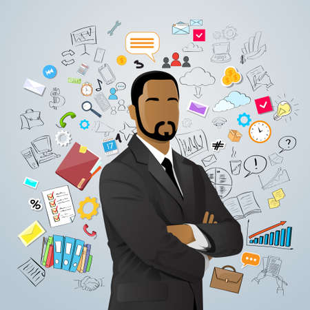 Businessman African American Race Over Doodle Hand Draw Sketch Concept Background Business Man Vector Illustrationのイラスト素材