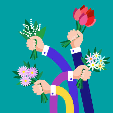 Hands Group Hold Bouquet Flowers Business Flat Vector Illustrationのイラスト素材