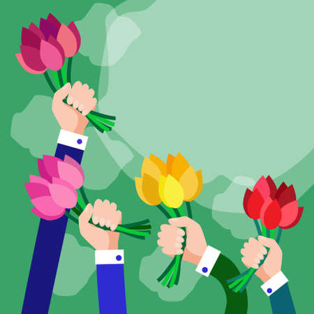 Bouquet Flowers Business Hands Group Copy Space Flat Vector Illustrationのイラスト素材