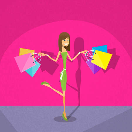 Shopping Woman with Bags Pink Background Flat Vector Illustrationのイラスト素材