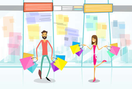 Couple Shopping Man and Woman Walking with Bags in Modern Luxury Shop Mall Center Vector Illustrationのイラスト素材