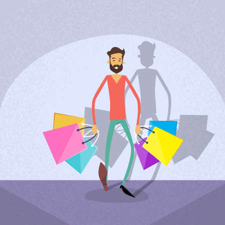 Shopping Man Walking with Shop Bags Flat Vector Illustrationのイラスト素材