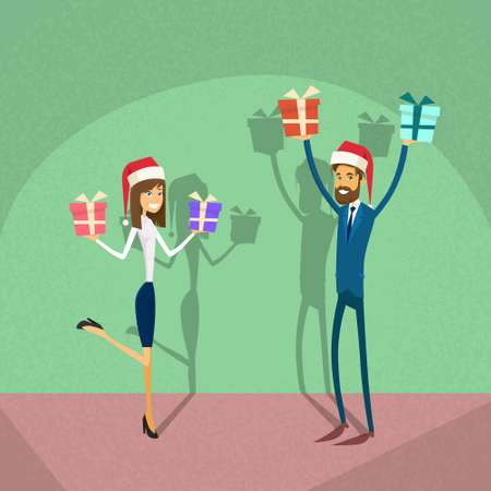 Businesspeople Wear Santa Hat Merry Christmas And Happy New Year Business People Team Flat Retro Concept Vector Illustrationのイラスト素材