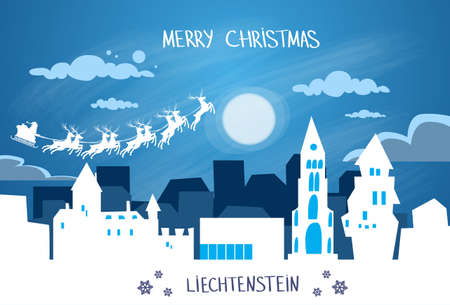 Santa Claus Sleigh Reindeer Fly Sky over Liechtenstein Silhouette Night Cityscape Snow Skyline Christmas New Year Card Vector Illustrationのイラスト素材