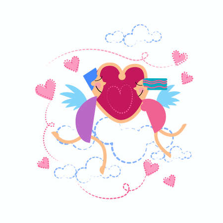 Valentine's Sketch Hand Draw Doodle Angels Couple Holding Heart Vector Illustrationのイラスト素材