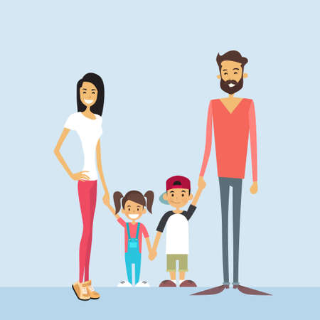 Happy Family Four People, Parents With Two Children Holding Hands  Vector Illustrationのイラスト素材