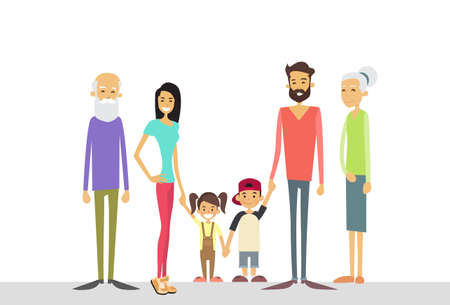 Big Family Kids Parents Grandparents Generation Flat Vector Illustration