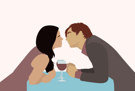 Couple Sitting Cafe Table Drink Vine Kiss Romantic Love Silhouettes Dating Vector Illustrationのイラスト素材