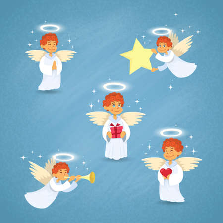 Valentine's Angel Cupid Cartoon Character Group Saint Valentine Collection Set Holiday Vector Illustrationのイラスト素材