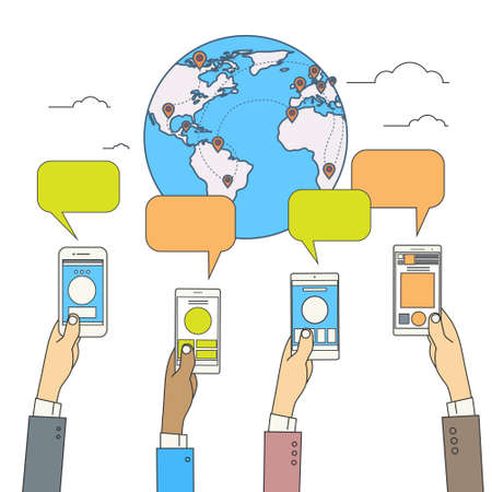 Social Media Communication World Globe Map Concept Internet Network Connection People Vector Illustrationのイラスト素材