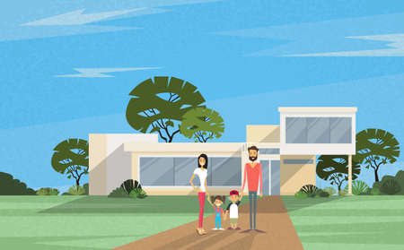 Famity Parents Two Kids In Front of New House Modern Villa Vector Illustrationのイラスト素材