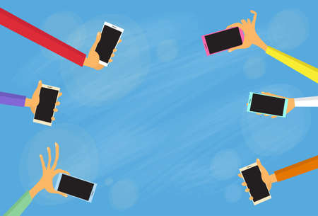 Hands Group Hold Colorful Smart Phones Copy Space Flat Vector Illustration