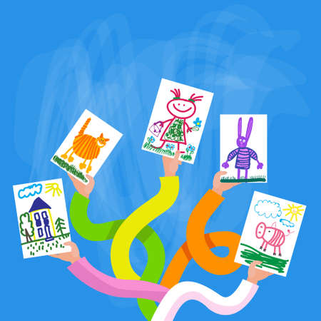 Group Hands Holding Children Painting Colorful Art Flat Vector Illustrationのイラスト素材
