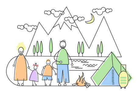 Big Family Camping Tourism Parents With Two Children Vector Illustrationのイラスト素材