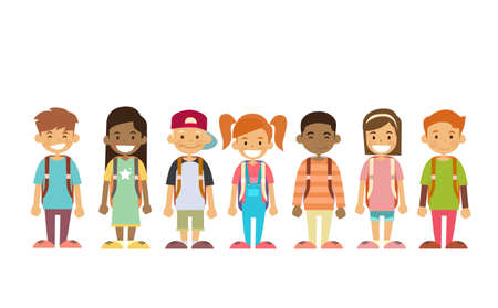 School Children Group Standing In Line Vector Illustration