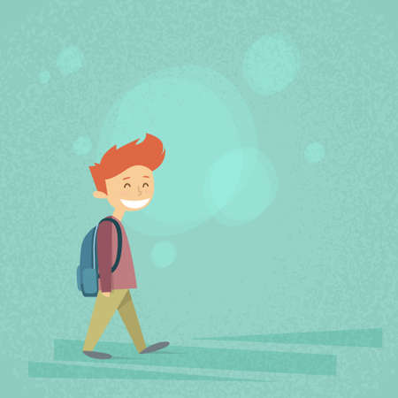 Little School Boy Walk, Carry Backpack Flat Vector Illustrationのイラスト素材