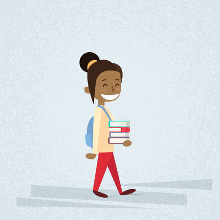 Small School Girl Carry Stack Of Books Flat Vector Illustrationのイラスト素材