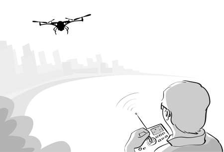 Man Silhouette Control Drone Flying Air Quadrocopter Park Sketch Gray Vector Illustrationのイラスト素材