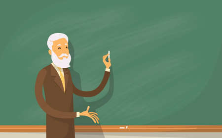 University Professor Lecture College Teacher at Classroom, Stand Over Green Board Holding Chalk Flat Vector Illustrationのイラスト素材