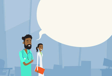 African American Medial Doctors Team Man Woman With Copy Space Chat Box Hospital Vector Illustration