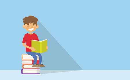 School Boy Reading Sitting on Stack Of Books Flat Vector Illustrationのイラスト素材