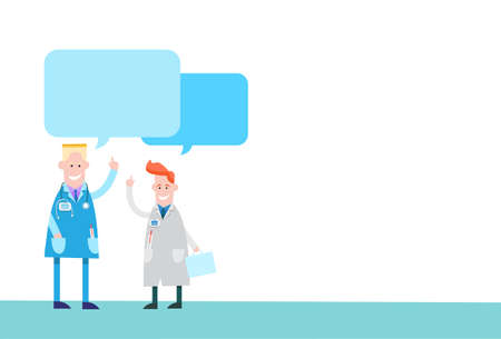 Two Medical Doctors With Empty Chat Bubble Discussing Flat Vector Illustrationのイラスト素材
