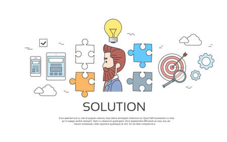 Business Man Solution, Light Bulb Idea Creative Concept Brainstorming Banner Vector Illustrationのイラスト素材