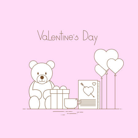 Pink Valentine Day Gift Card Holiday Love Heart Shape Present Toy Bear Flat Vector Illustrationのイラスト素材