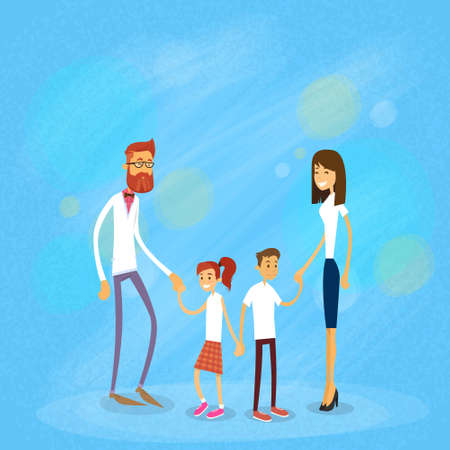 Happy Family Four People, Parents With Two Children Flat Vector Illustrationのイラスト素材