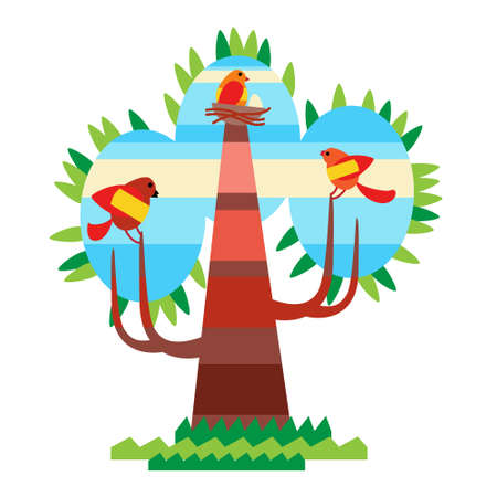 Colorful Tree With Birds Flat Design Vector Illustrationのイラスト素材
