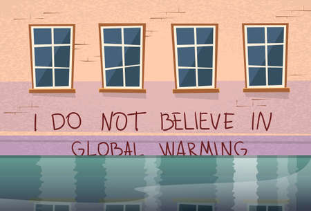 Global Warming Concept House Under Water Window Flood River Illustrationのイラスト素材