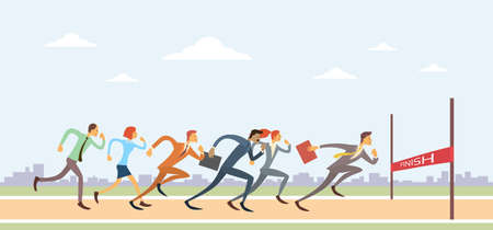 Business People Group Run To Finish Line Team Leader Competition Win Concept Flat Vector Illustrationのイラスト素材
