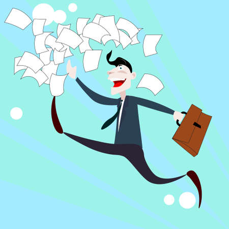 Happy Business Man Run Throw Documents, Success Concept Flat Illustrationのイラスト素材
