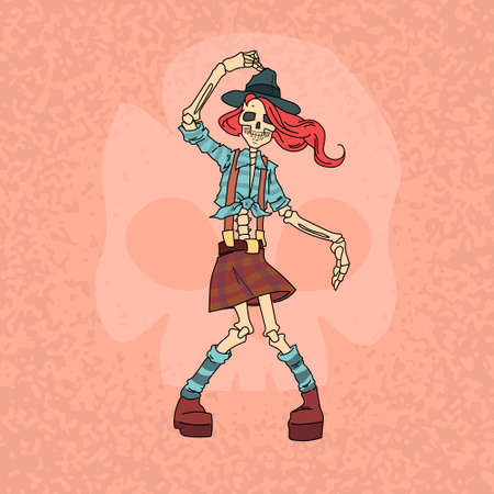 Skeleton Hipster Girl Fashionable Retro Style Flat Vector Illustrationのイラスト素材