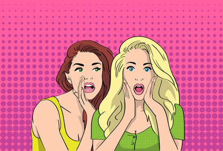 Whispering Gossip Woman Surprised Girl Talking Secret News Astonishment Pop Art Retro Style Illustrationのイラスト素材