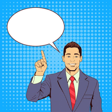 Business Man Point Finger To Chat Bubble Pop Art Colorful Retro Style Illustrationのイラスト素材
