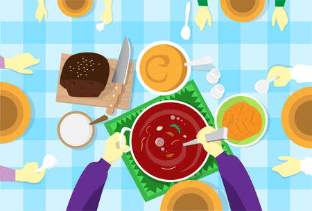 People Sit At Table, Wait, One Stir Soup Flat Vector Illustration