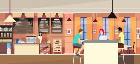 Casual People Group In Modern Cafe Sit Chatting, Students University Campus Vector Illustrationのイラスト素材