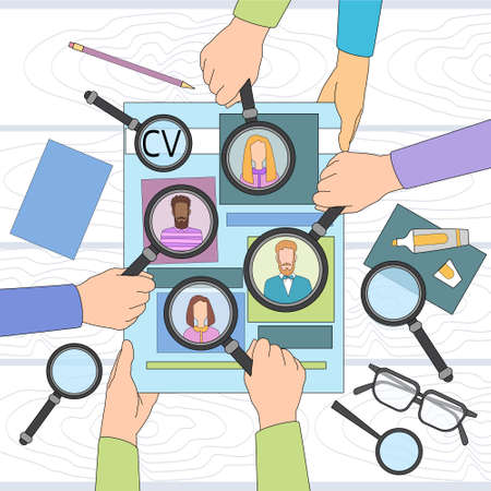 Business People Group Hold Magnifying Glass Curriculum Vitae Recruitment Candidate Job Position Thin Line Vector Illustrationのイラスト素材