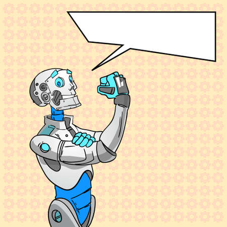 Robot Technology We Can Do It Chat Bubble Pop Art Colorful Retro Style Concept Feminism Vector Illustrationのイラスト素材