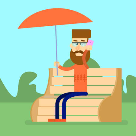 Man Sit On Bench Park Hold Umbrella Speak On Cell Smart Phone Flat Vector Illustrationのイラスト素材