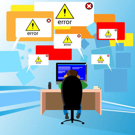 Problem Computer Application Software Error Developer Sitting Desk Desktop Rear View Fail Flat...
